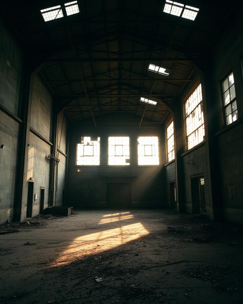 Abandoned factory interior with light through broken windows