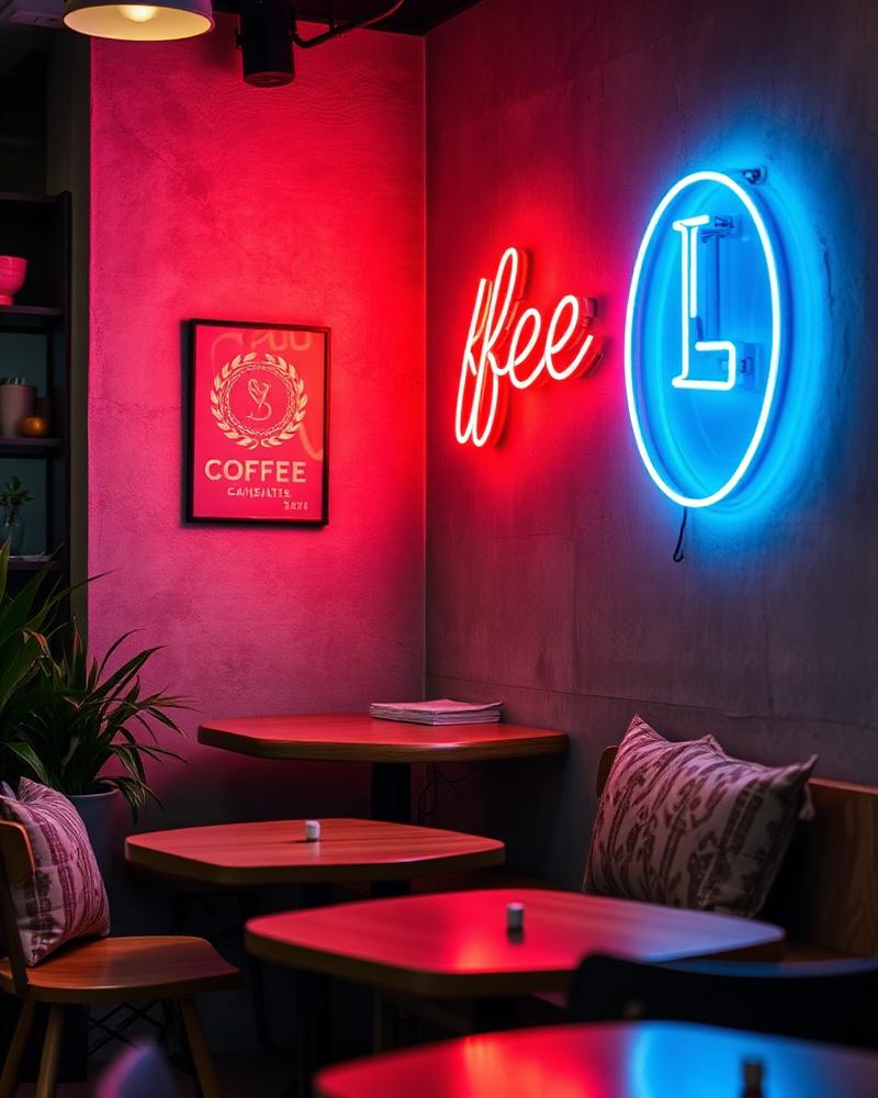 Cozy coffee nook with neon signage and concrete walls