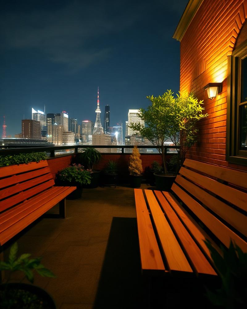 Rooftop garden with benches and city lights at night